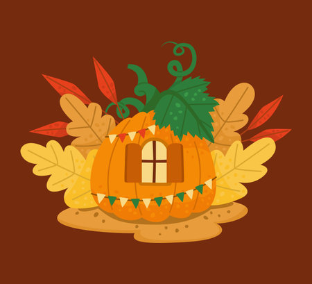 Pumpkin house with leaf vector illustrationのイラスト素材