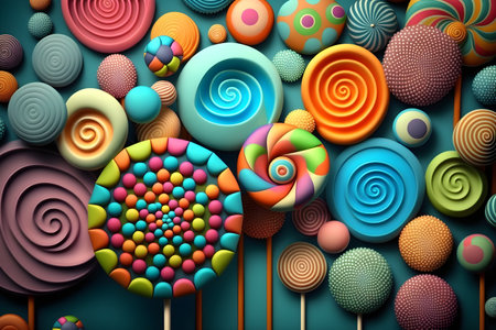 Different lollipops, marshmallows and candies on light blue background. Colorful lollipop banner, for design, illustrations. Plenty of multicolored lollipops, zephir and candies. Generative AI conceptの素材