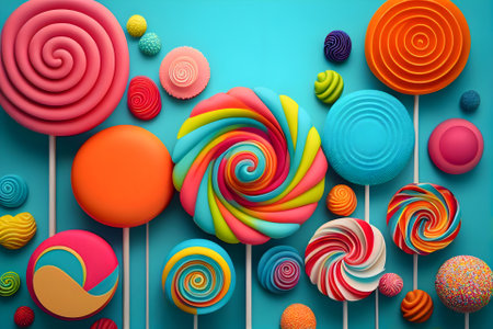 Delicious lollipops on light blue background. Colorful lollipop background, banner for design, illustrations. Plenty of multicolored lollipops and candies. Generative AI conceptの素材