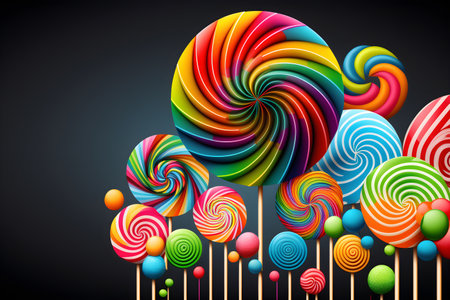 Delicious lollipops on black background. Colorful lollipop background, banner, for design, illustrations. Plenty of multicolored lollipops and candies. Generative AI conceptの素材