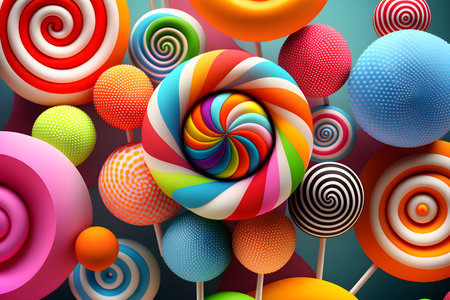 Delicious lollipops on light blue background. Lollipop background, banner for design, illustrations. Plenty of multicolored lollipops and colorful candies. Generative AI conceptの素材