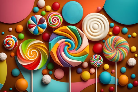 Tasty sweet lollipops on light blue background. Colorful lollipop background, banner for design, illustrations. Plenty of multicolored lollipops and candies. Generative AI conceptの素材