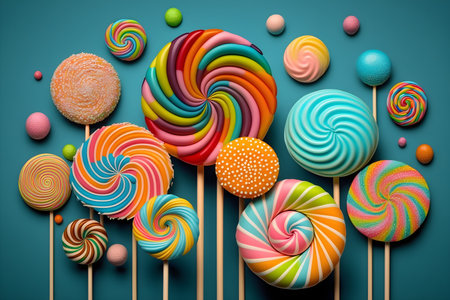 A group of delicios lollipops on dusty blue background. Colorful lollipop background, banner for design, illustrations. Plenty of multicolored lollipops and candies. Generative AI conceptの素材