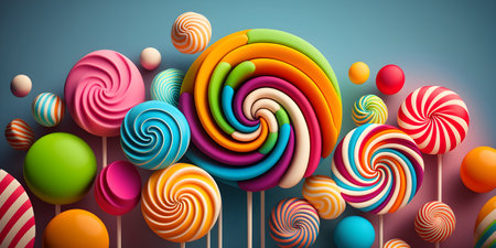 Various lollipops, marshmallow and candy on light blue background. Colorful lollipop background, banner , for design, illustrations. Plenty of multicolored lollipops, zephir and candies. Generative AI conceptの素材