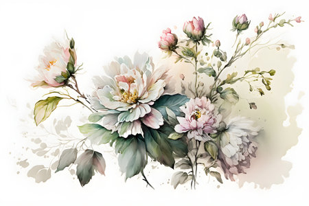 A floral set isolated arrangement of big spring flowers, peony, buds, leaves, branches in pastel grey, violet, purple, vintage ornament, wedding design, stationery card print, wallpaper, postcard. Generative AI conceptの素材
