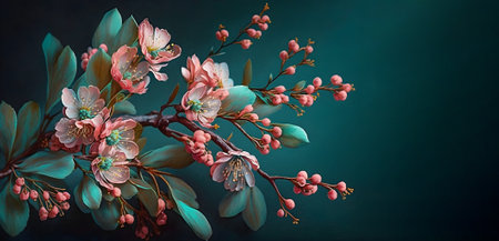 Spring flowers. Branch of realistic pink Sakura flowers in blossom isolated on deep blue dark background for your design, wedding cards, social media banners, outdoor advertising, textile patterns. Generative AI conceptの素材