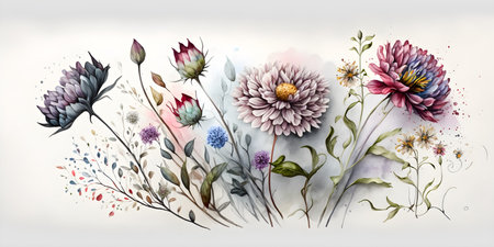 An arrangement of spring flowers, a transparent flower set, peony, buds, leaves, branches in pastel grey, violet, purple, vintage ornament, wedding design, stationery card print, wallpaper, postcard. Generative AI conceptの素材