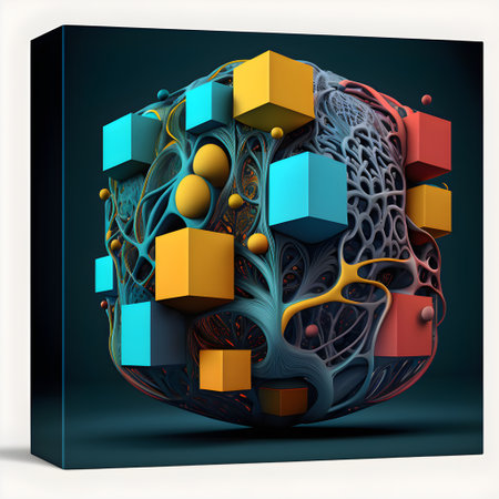 3D model of neural network in trendy colors which can be used for demonstration of science innovation, medical research, technology development, human brain health. Neuron network banner. Generative AIの素材