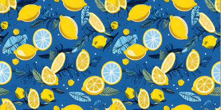 Illustration of light blue and yellow lemons on a dark blue background. Ripe lemons and lemon slices banner. Food background in blue and yellow colors, tile. Generative AI conceptの素材
