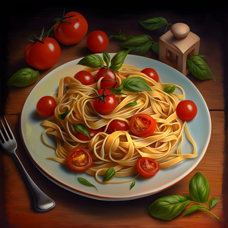 Closeup of spaghetti with cherry tomatoes and basil. Italian pasta. Home made italian food. Symbolic image. Concept for a tasty, vegetarian dish. Dark background. Generative AIの素材