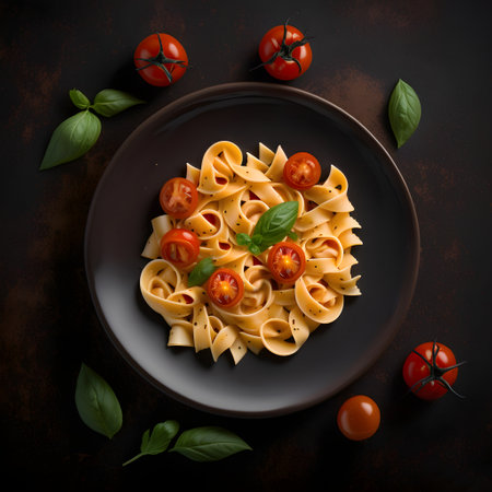 Closeup of spaghetti with cherry tomatoes and basil. Italian cuisine. Home made food. Symbolic image. Concept for tasty, vegetarian dish, vegan food. Dark background. Generative AIの素材