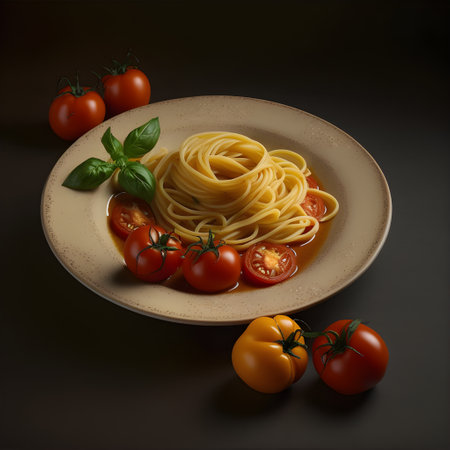 Closeup of spaghetti with cherry tomatoes sauce and basil. cuisine. Home made food. Symbolic image. Concept for a tasty, vegetarian dish. Dark background. Close up. Generative AIの素材