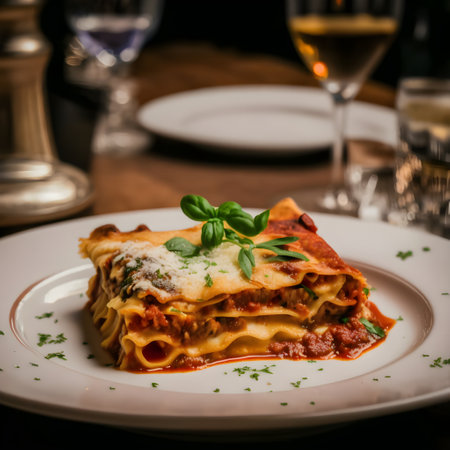 Illustration of a bolognese lasagna on a restaurant table, Italian cuisine dish. Close up of traditional lasagna with meat bolognese sauce and fresh basil leaves. Generative AIの素材