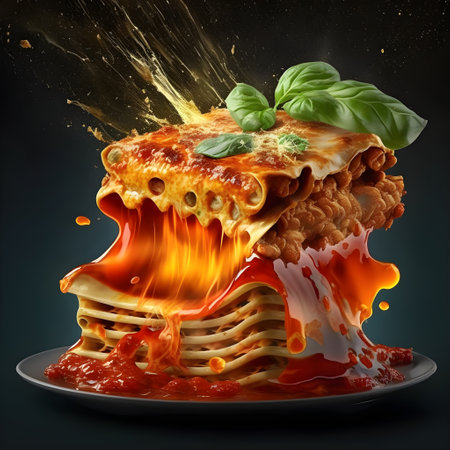 Illustration of a typical bolognese lasagna, Italian cuisine dish. Close uo of traditional meat lasagna with meat bolognese sauce and fresh basil leaves on the top. Generative AIの素材