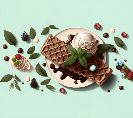 Traditional Belgian waffles with ice cream, chocolate and berry fruits on light background. Waffles sweet dessert. Menu concept. Food background top view copy space. Generative AIの素材