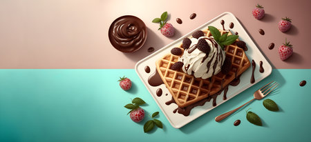 Traditional Belgian waffles with ice cream, chocolate and berry fruits on trendy background. Waffles sweet dessert. Menu concept. Food background top view copy space. Generative AIの素材