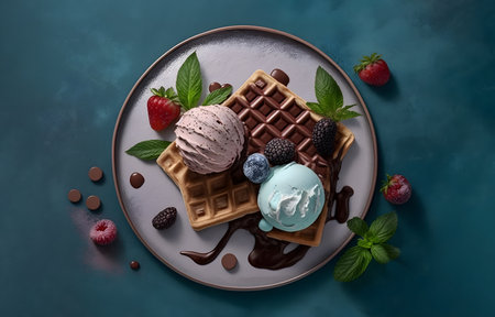 Traditional Belgian waffles with ice cream, chocolate and berry fruits on a dark background. Waffles sweet dessert. Menu concept. Food background top view copy space. Generative AIの素材