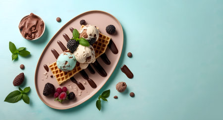 Belgian waffles with ice cream, chocolate and berry fruits on trendy background. Traditional waffles sweet dessert. Menu concept. Food background top view copy space. Generative AIの素材