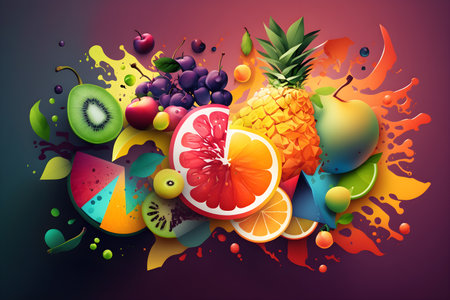 Colorful fruits and berries splash on a magenta background. Multicolored fruit background, healthy lifestyle banner. Healthy eating and functional food diet conceptの素材