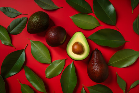 Whole and cut ripe avocadoes with green leaves on red background, top view. Minimalistic concept, flat lay. Avocado assortment background, banner, illustrationの素材