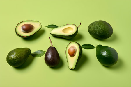 Ripe avocado with green leaves pattern on light green background, top view, flat lay. Minimalistic concept. Whole and cut avocado banner illustration, assortment of avocadoの素材