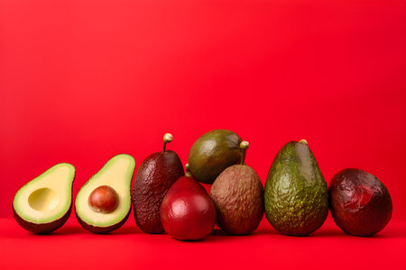 Whole and cut ripe avocadoes on red background, front view, creative. Free space for text. Avocado assortment background, banner, illustrationの素材