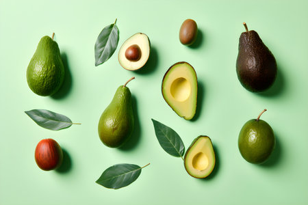 Fresh avocado pattern with green leaves on light green background, top view, flat lay. Minimalistic concept. Whole and cut avocado banner illustration, assortment of avocadoの素材