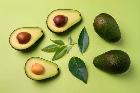 Fresh ripe whole and cut avocado pattern with green leaves on light green background, top view, flat lay. Minimalistic concept. Avocado banner illustration, assortment of avocadoの素材