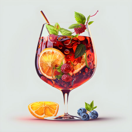 Traditional spanish fruity red wine sangria gourmet cocktail drink on white background, copy space for text. Red summer cocktail with berries and orange in a wine glass. Generative ai conceptの素材