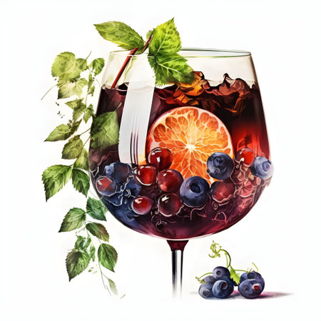 Illustration of traditional spanish red wine sangria gourmet cocktail drink on white background, copy space for text. Red summer cocktail with berries and orange in a wine glass. Generative ai conceptの素材