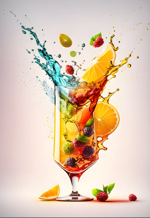 Illustration of a refreshing summer cocktail drink with a splash on white background, copy space for text. Colorful cocktail with berries and orange,citrus slices in drinking glassの素材