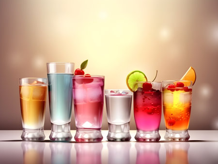 Set of cocktails. An illustration of classical drinks in high drinking glasses, menu concept. A line of summer cocktails in trendy colors. Banner with soft and alcohol drinks. Generative AI conceptの素材