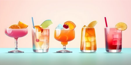 Set of cocktails. An illustration of classical drinks in different types of drinking glasses. A row of summer cocktails in trendy colors. Banner with soft and alcohol drinks. Generative AI conceptの素材