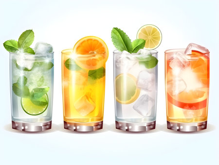 Four different cocktails. Illustration of refreshing classical drinks in transparent glasses. A row of summer cocktails on a light blue background. Banner with soft and alcohol drinks. Generative AI conceptの素材