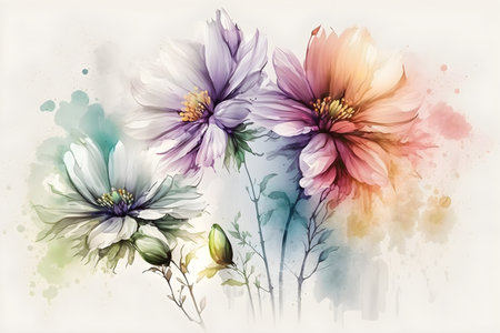 Transparent watercolor floral set arrangement of big spring flowers, peony, buds, leaves, branches in pastel grey, violet, purple, vintage ornament, wedding design, wallpaper, postcard. Generative AI conceptの素材