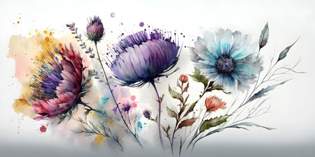 Watercolor spring flowers composition, a transparent flower set, peony, buds, leaves, branches in pastel grey, violet, purple, vintage ornament, wedding design, banner, postcard. Generative AI conceptの素材
