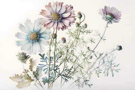A floral arrangement of big spring flowers, peony, buds, leaves, branches in pastel grey, violet, purple, vintage ornament, wedding design, stationery card print, wallpaper, postcard. Generative AI conceptの素材