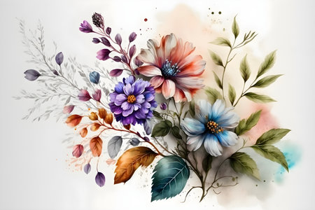 Transparent aquarelle floral set arrangement of big spring flowers, peony, buds, leaves, branches in pastel grey, violet, purple, vintage ornament, wedding design, wallpaper, postcard. Generative AI conceptの素材