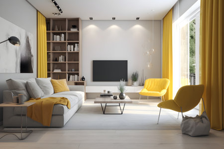 Modern living room interior with yellow details. Yellow armchairs and elements in bright stylish living room. Apartment desing in white, gray and yellow colors, minimalistic concept. Generative AI conceptの素材