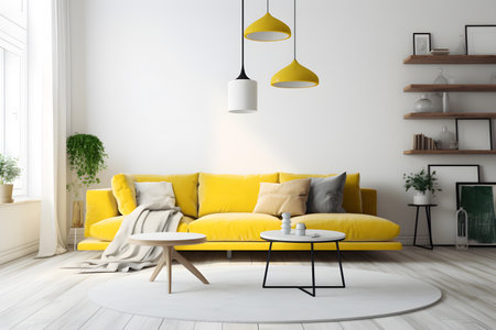 Modern living room interior design with yellow details. Yellow sofa in a bright cozy stylish living room. Apartment desing in white, gray and yellow colors, minimalistic concept. Generative AI conceptの素材