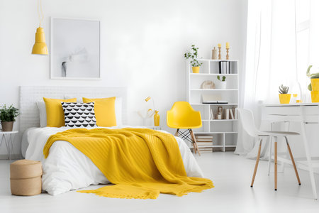 Stylish interior of fresh modern bedroom with a big comfortable bed and yellow details. Cozy functional berdoom interior design in minimalistic trendy white and yellow colors. Generative AI conceptの素材