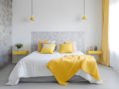 Stylish interior of fresh modern bedroom with a big comfortable bed and yellow details. Cozy functional berdoom interior design in minimalistic trendy white, gray and yellow colors. Generative AI conceptの素材