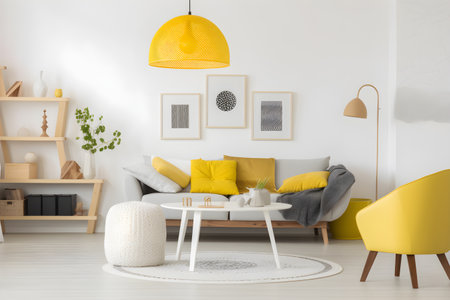 Modern living room interior design with yellow details. Yellow armchair in a bright cozy stylish living room. Apartment desing in white, gray and yellow colors, minimalistic concept. Generative AI conceptの素材