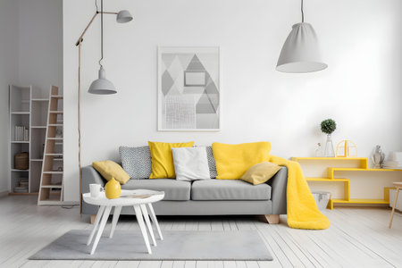 Modern living room interior design with yellow elements. Spacious stylish living room. Apartment desing in white, gray and yellow colors, minimalistic concept. Generative AI conceptの素材