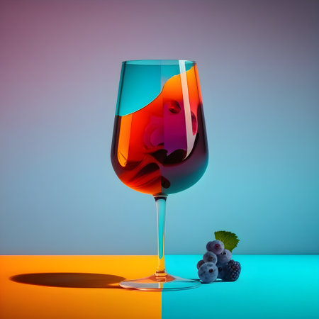 Red wine spanish traditional fruity sangria gourmet cocktail drink on trendy colorful background, copy space for text. Red summer cocktail with berries and orange in a wine glass. Generative ai conceptの素材