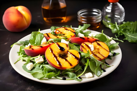 Grilled peaches salad with arugula, feta cheese, olive oil and balsamic sauce topping on a dark background. Close up. Healthy diet food concept. Generative AI conceptの素材