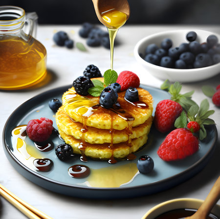 Stack of cottage cheese pancakes with blueberries, strawberries, honey and othe berries on a light background in low key. Illustration of homemade syrniki. Food bannerの素材