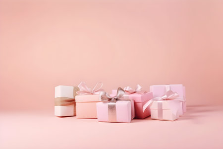 Set of different present boxes with silk ribbons bow on paslet pink background. Gift or holiday concept. Mothers Day, birthday, wedding or St Valentines day banner, copy space. Generative AI conceptの素材