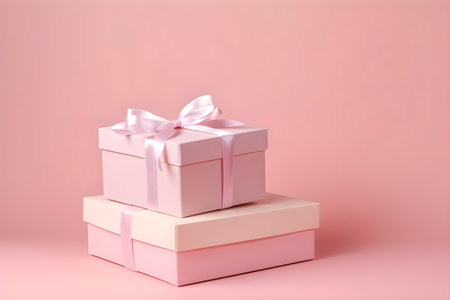 Pink present boxes with silk ribbon bow on a paslet pink background, mockup, gift card. Gift or holiday concept. Mothers Day, birthday, wedding or St Valentines day banner with copy space. Generative AI conceptの素材