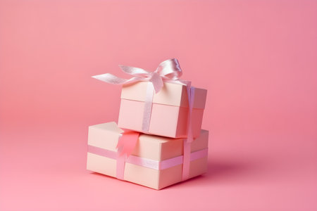 Two present boxes with silk ribbon bow on paslet pink background, mockup, gift card. Holiday concept. Mothers Day, birthday, wedding or St Valentines day banner with copy space. Generative AI conceptの素材